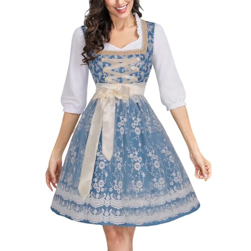 Dirndl midi Damen, Midi Trachtenkleid Dirndlkleid mit Spitze Dirndlkomplettsets Trachtenmode Kleider inkl. Dirndlschürze Dirndlbluse für Oktoberfest Besondere Anlässe von Kobilee