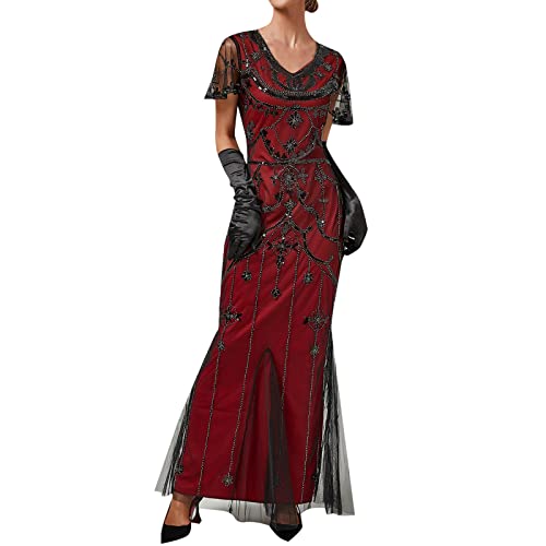 Glitzerkleid Damen Schwarz Lang ohne Ärmeln Eng Eng Charleston Kleid Abendkleider Party Silvester mit Fransen Kleid 20er Jahre V Ausschnitt Karneval Sexy Pailettenkleider 20er Jahre Kleid von Kobilee