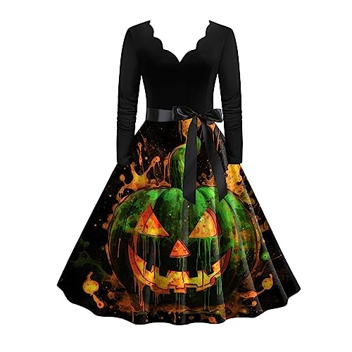 Halloween Kostüm Damen Kürbis Fledermausmuster Große Größen 50Er Jahre Vintage Rockabilly Kleider Langarm Elegant A Linie Festliche Kleider Herbst Lang Sexy Partykleid Halloween Kleid S-XXL von Kobilee