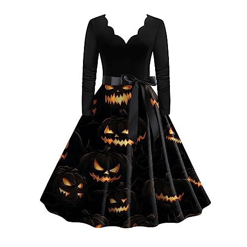 Halloween Kostüm Damen Kürbis Fledermausmuster Große Größen 50Er Jahre Vintage Rockabilly Kleider Langarm Elegant A Linie Festliche Kleider Herbst Lang Sexy Partykleid Halloween Kleid S-XXL von Kobilee