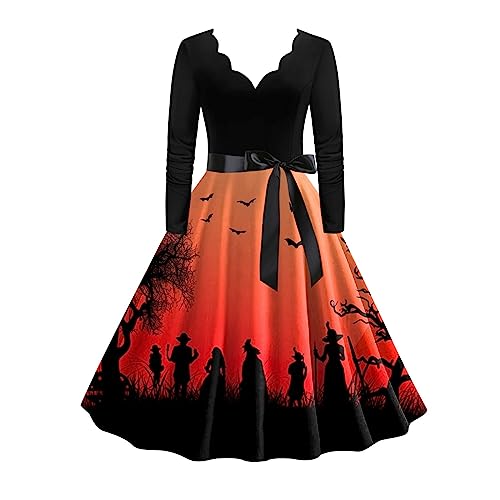 Halloween Kostüm Damen Kürbis Fledermausmuster Große Größen 50Er Jahre Vintage Rockabilly Kleider Langarm Elegant A Linie Festliche Kleider Herbst Lang Sexy Partykleid Halloween Kleid S-XXL von Kobilee