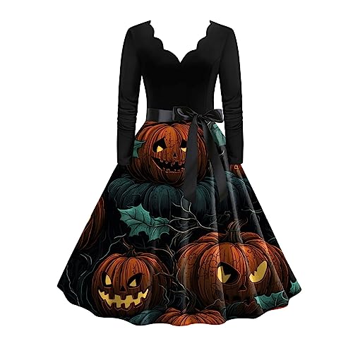 Halloween Kostüm Damen Kürbis Große Größen 50er Jahre Vintage Rockabilly Kleider Langarm Elegant a Linie Festliche Kleider Herbst Knielang Sexy Partykleid Halloween Kleid S-3XL von Kobilee