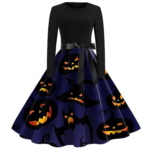 Halloween Kostüm Damen Kürbis Große Größen 50er Jahre Vintage Rockabilly Kleider Langarm Elegant a Linie Festliche Kleider Herbst Knielang Sexy Partykleid Halloween Kleid S-3XL von Kobilee