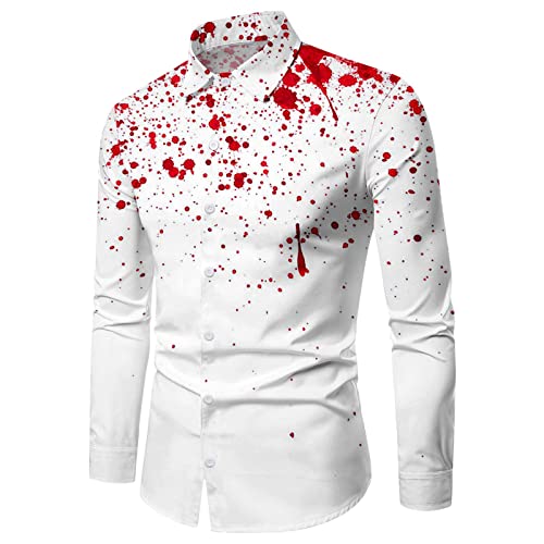 Halloween Kostüm Herren Horror Langarmhemd Herren Leinen Tops Leinenhemd Herren Weiß XXL Langarm Freizeit Bügelfrei Herbst Tshirt Herren Schwarz Slim Fit von Kobilee