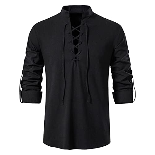 Herren Vintage Shirt Langarm Slim fit Mittelalterliche Riemen Kragen Langarmshirt Männer Gothic Kleidung Schick Oberteile Hemd T-Shirt von Kobilee