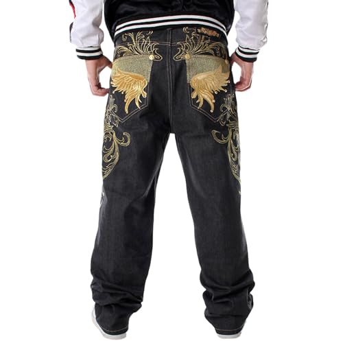 Hosen Herren Baggy Schwarz Y2K Straight mit Print Breite Jeans Baggy Jeans Vintage Stretch Relaxed Fit Loose Fit Jeanshose Atmungsaktiv Verschleißfest Hip Hop Weitem Bein Streetwear Baggy Pants von Kobilee