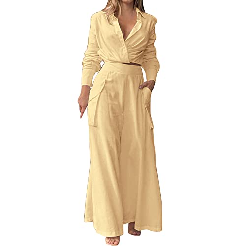 Hosenanzüge Damen Hochzeit Weites Bein Casual Zweiteilige Frauen Anzug Komfort Weich Elegant Outfit Loungewear Hosenanzug Sommer Herbst Hosenrock V-Ausschnitt Lange Ärmel Freizeitanzug von Kobilee