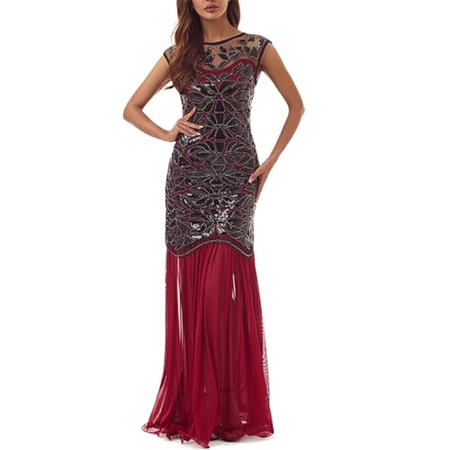 Kleid 20er Jahre Damen Charleston Lang Karneval Eng Eng Party Vintage Kleid Abendkleider Glitzerkleid 20er Jahre Kleid mit Fransen Rundhals Silvester Sexy Pailettenkleider Charleston Kleid von Kobilee