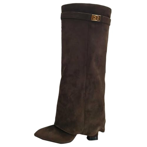 Kobilee Boots Damen Bequeme Herbst/Winter Einfarbig Knee High Boots Mit Schnallenverschluss Langschaft Spitzer Zehenpartie Lederstiefel Elegante Warme Weitschaftstiefel Hohe Stiefel Braun 42/EU von Kobilee