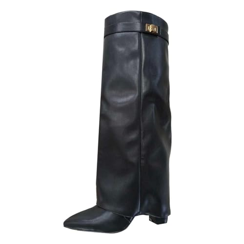 Kobilee Boots Damen Herbst/Winter Elegante Mit Schnallenverschluss Lederstiefel Einfarbig Bequeme Spitzer Zehenpartie Weitschaftstiefel Langschaft Warme Hohe Stiefel Knee High Boots Schwarz 37/EU von Kobilee