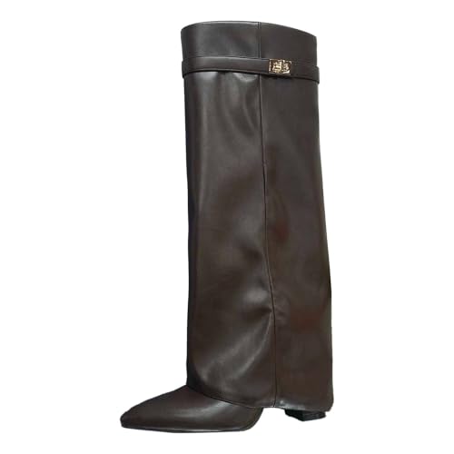 Kobilee Boots Damen Spitzer Zehenpartie Einfarbig Elegante Knee High Boots Warme Mit Schnallenverschluss Bequeme Weitschaftstiefel Langschaft Herbst/Winter Hohe Stiefel Lederstiefel Braun 42/EU von Kobilee