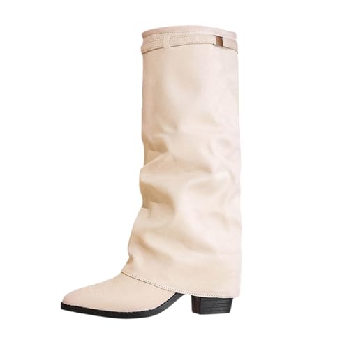 Kobilee Boots Damen Warme Elegante Spitzer Zehenpartie Weitschaftstiefel Bequeme Langschaft Herbst/Winter Hohe Stiefel Einfarbig Mit Schnallenverschluss Knee High Boots Lederstiefel Weiß 41/EU von Kobilee