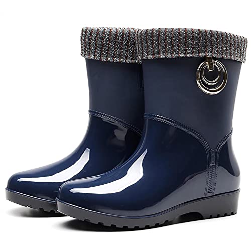 Kobilee Damen Gummistiefel Halbhoch Gefüttert Winter Warm Outdoor Wasserdicht Rutschfest Flach Regenschuhe Regenstiefel von Kobilee