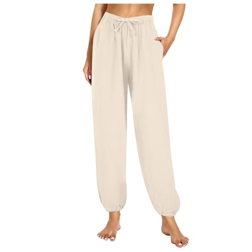 Kobilee Damen Musselin Hose Lang Grün Lila Rosa Beige Leinenhose mit Kordelzug und Taschen Musselin Jogginghose Bequeme Baumwolle Leinen Freizeithose Atmungsaktiv Sommerhose High Waist Strandhose von Kobilee