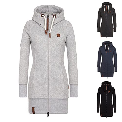 Kobilee Damen Sweatjacke Lang mit Kapuze Oversize Gefüttert Baumwolle Reißverschluss Hoodie Sweatshirtjack Winterpullover von Kobilee