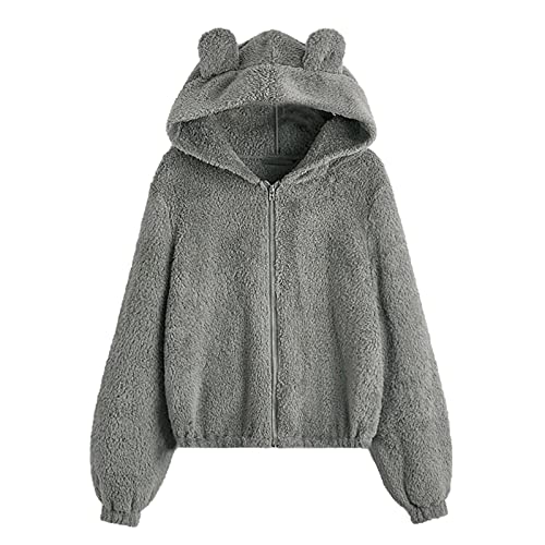 Kobilee Fleecemantel Damen Schwarz Jacke Übergang Winter Große Größen Teddyfleece Jacke Kuscheljacke Lang Warm Outdoor Herbst Teddy Jacken mit Ohren Zip Up mit Kapuze Plüsch Fleecejacke Teddyjacke von Kobilee