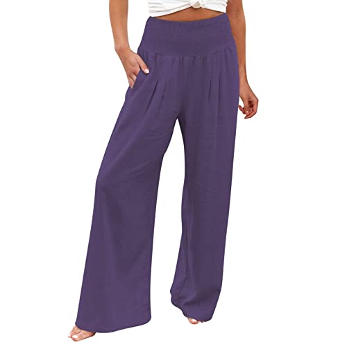 Kobilee Leinenhose Damen Sommer Lang Weites Bein Weiß High Waist Stretch Bequem Stoff Leinen Hose Leicht Luftig Sommerhose Elegant Locker Schlupfhose Stoffhose von Kobilee