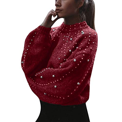 Kobilee Pulli Damen Oversize mit Perlen Warm Damenpullover Oberteile Pullover Langarmshirt Grobstrick Strick Elegant Strickpullover Herbst Winter Wolle Baumwolle Wollpullover Sweater Winterpullover von Kobilee