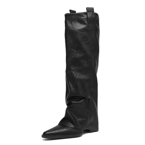 Kobilee Shark Boots Spitzer Zehenpartie Elegante Warme Hohe Stiefel Langschaft Herbst/Winter Mit Schnallenverschluss Weitschaftstiefel Einfarbig Bequeme Knee High Boots Lederstiefel Schwarz 40/EU von Kobilee