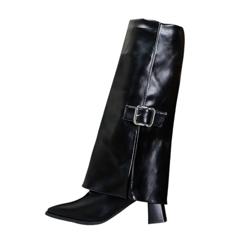 Kobilee Shark Boots Spitzer Zehenpartie Mit Schnallenverschluss Herbst/Winter Hohe Stiefel Warme Langschaft Bequeme Weitschaftstiefel Elegante Einfarbig Lederstiefel Knee High Boots Schwarz 39/EU von Kobilee
