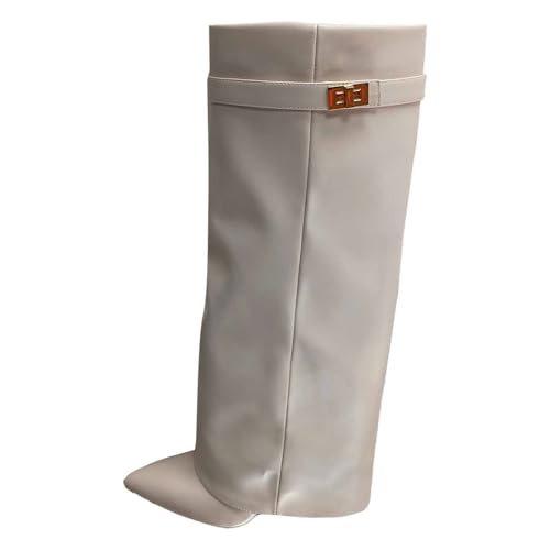 Kobilee Slouchy Boots Spitzer Zehenpartie Einfarbig Elegante Knee High Boots Warme Mit Schnallenverschluss Bequeme Weitschaftstiefel Langschaft Herbst/Winter Hohe Stiefel Lederstiefel Weiß 37/EU von Kobilee