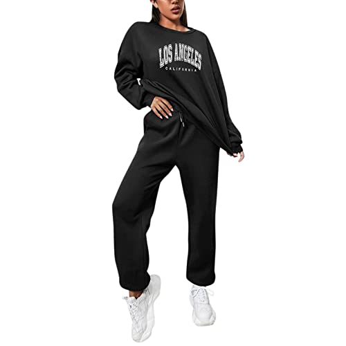 Kobilee Sport Outfit Damen Fitness Set Winter Warm Modern Aufdruck ohne Kapuze Sweatshirt Jogginghose 2 Teilig Jogginganzug Trainingsanzug Hausanzug Freizeitanzug von Kobilee