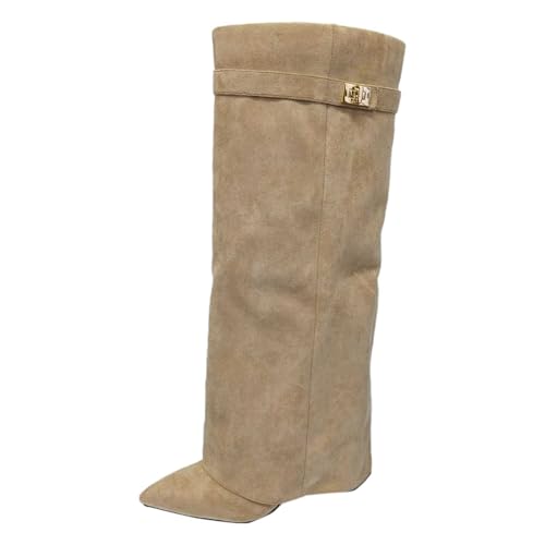 Kobilee Stiefel Damen Bequeme Herbst/Winter Einfarbig Knee High Boots Mit Schnallenverschluss Langschaft Spitzer Zehenpartie Lederstiefel Elegante Warme Weitschaftstiefel Hohe Stiefel Beige 43/EU von Kobilee