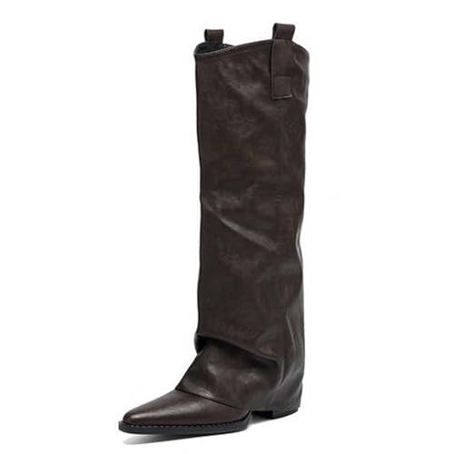Kobilee Stiefel Damen Spitzer Zehenpartie Elegante Warme Hohe Stiefel Langschaft Herbst/Winter Mit Schnallenverschluss Weitschaftstiefel Einfarbig Bequeme Knee High Boots Lederstiefel Braun 41/EU von Kobilee