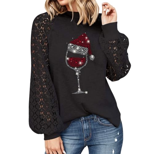 Kobilee Weihnachtsbluse Damen Große Größen Winter Rundhals Lustig Strickpulli Sweatshirt Elegant Ugly Waffel Strickpullover Weihnachtspullover mit Druck & Spitze Langarmshirt Weihnachtspulli von Kobilee