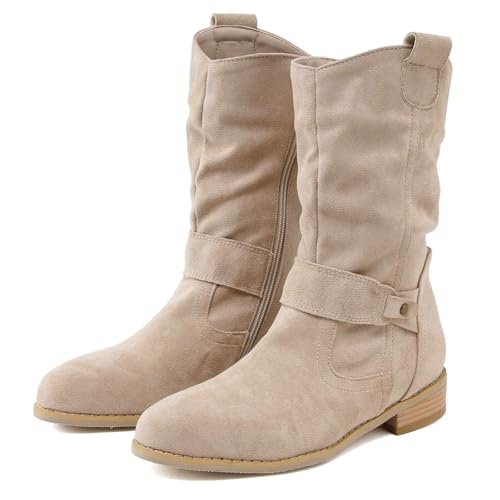 Kobilee damen stiefeletten beige, Veloursleder Mit Absatz Atmungsaktiv Westernstiefel Mit Schnalle Bequeme Halbhohe Ankle Boots Damen Herbst Winter Reißverschluss Kurzstiefel Halbstiefel 43/EU von Kobilee
