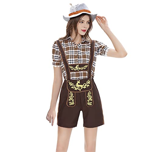 Lederhose Damen Oktoberfest Günstig mit Bluse Trachtenhose Festival Outfit 3 Teilig Traditionelle Kariert Lederhose Latzhose mit Träger Bayerische Halloween Damen Set Trachtenlederhosen von Kobilee