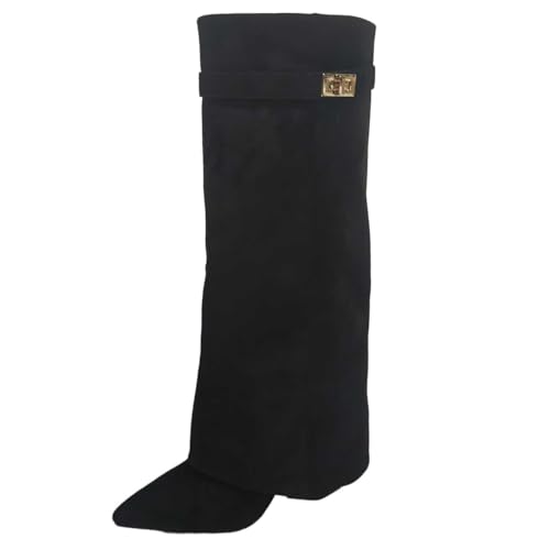 Overknees Stiefel Damen Bequeme Herbst/Winter Einfarbig Knee High Boots Mit Schnallenverschluss Langschaft Spitzer Zehenpartie Lederstiefel Elegante Warme Weitschaftstiefel Hohe Stiefel Schwarz 39/EU von Kobilee