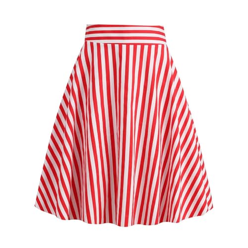 Röcke Für Damen: Gestreift Hohe Taille A Linie Plissee Midirock Röcke Rüschen Rockabilly Plaid Skirt Faltenrock Midi Rosa Schwarzer Elastischem Rock Trachtenrock von Kobilee