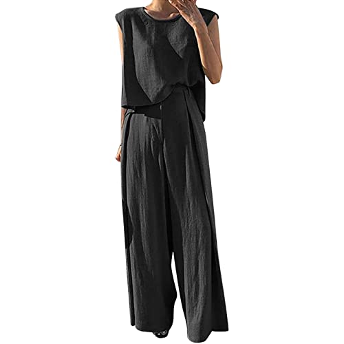 Set Damen Outfit Sommer Ohne Ärmel Weich Hosenanzug Hosenanzüge Rundhalsausschnitt Weites Bein Festlich Elegant Frauen Anzug Freizeitanzug Zweiteilige Komfort Hosenrock Outfit Loungewear von Kobilee