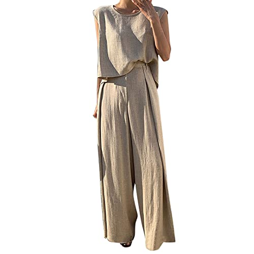 Set Damen Outfit Sommer Ohne Ärmel Weich Hosenanzug Hosenanzüge Rundhalsausschnitt Weites Bein Festlich Elegant Frauen Anzug Freizeitanzug Zweiteilige Komfort Hosenrock Outfit Loungewear von Kobilee