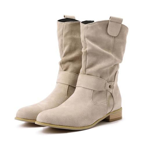 Stiefeletten Damen Elegant Wildleder Halbstiefel Spitz Schlupfschuhe Stiefel Mit Schnalle Kurzstiefel Winterstiefel bequemer Absatz Cowboy Boots Halbhoch Westernstiefel Damenstiefel Beige35/EU von Kobilee