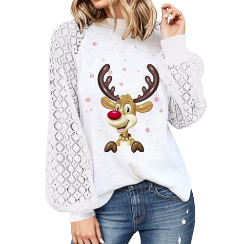 Weihnachtspullover Damen Glitzer Winter Lustig Elegant Langarmshirt Christmas Sweater mit Weihnachten Druck & Spitze Rundhals Weihnachtspulli Sweatshirt Ugly Waffel Große Größen Strickpullover von Kobilee