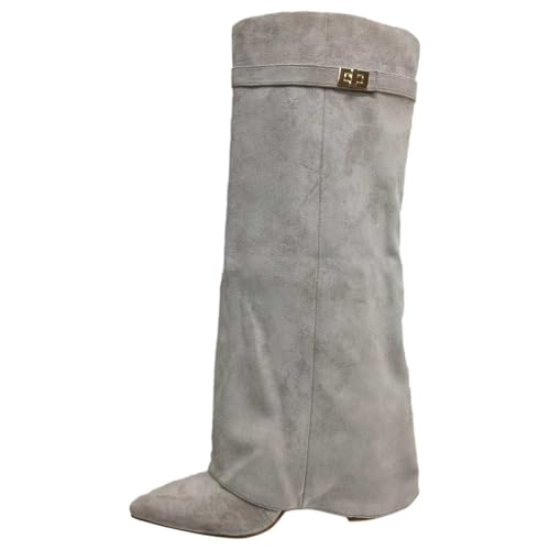 Weitschaftstiefel Damen Bequeme Herbst/Winter Einfarbig Knee High Boots Mit Schnallenverschluss Langschaft Spitzer Zehenpartie Lederstiefel Elegante Warme Weitschaftstiefel Hohe Stiefel Grau 40/EU von Kobilee
