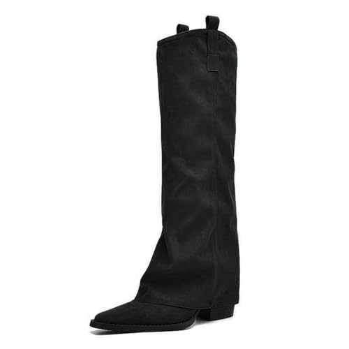 Weitschaftstiefel Damen Langschaft Bequeme Spitzer Zehenpartie Weitschaftstiefel Einfarbig Herbst/Winter Elegante Hohe Stiefel Warme Mit Schnallenverschluss Lederstiefel Knee High Boots Schwarz 40/EU von Kobilee