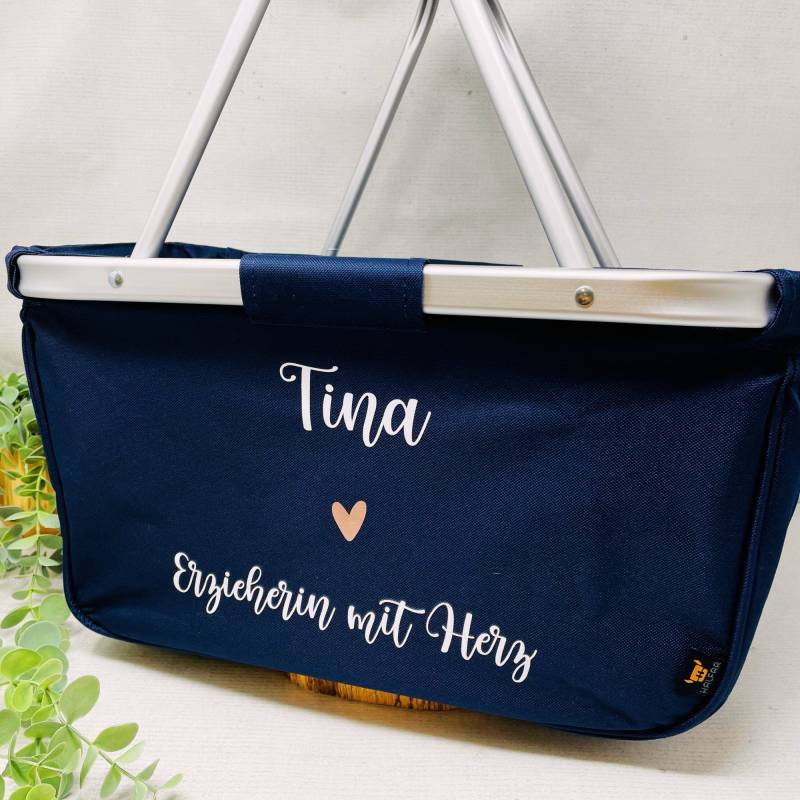 Abschiedsgeschenk Kindergarten - Einkaufskorb "Erzieherin Mit Herz" Personalisiert Faltbar Farbe Navy Blau Grau Schwarz von Koboldtheater22