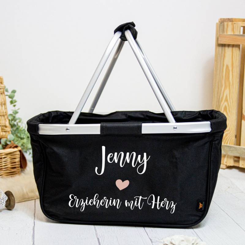 Abschiedsgeschenk Kindergarten - Einkaufskorb "Erzieherin Mit Herz" Personalisiert Faltbar Farbe Navy Blau Grau Schwarz von Koboldtheater22