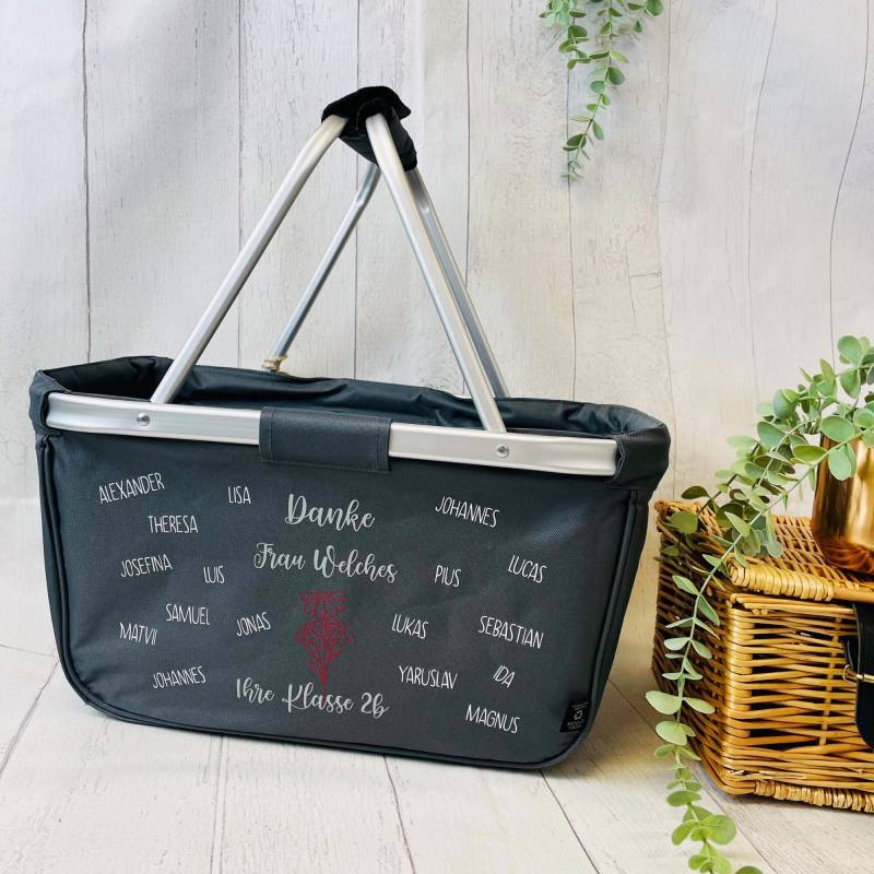 Abschiedsgeschenk Lehrerin Erzieherin - Einkaufskorb Individuelles Design Personalisiert Kindernamen Faltbar Farbe Navy Grau Schwarz von Koboldtheater22