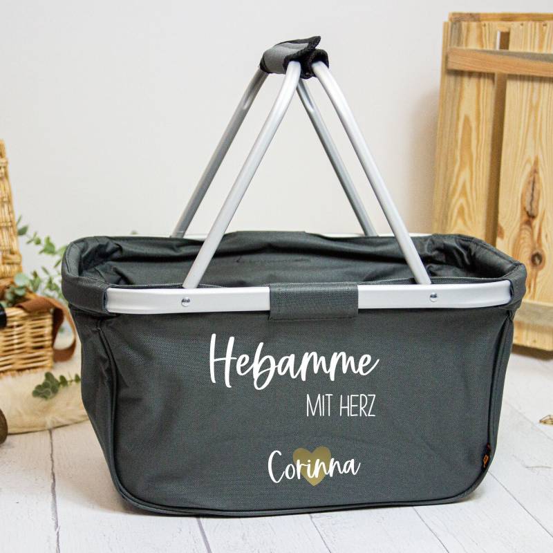 Geschenk Hebamme - Personalisierter Einkaufskorb Mit Name Herz Verschiedene Farben Faltbar Farbe Grau, Navy Oder Schwarz von Koboldtheater22