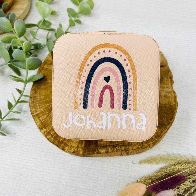 Schmuckaufbewahrung Mädchen - Rosa Personalisiert Mit Namen Und Regenbogen- Geschenk Kommunion Einschulung Geburtstag Reiseetui von Koboldtheater22