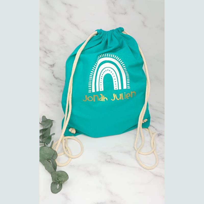 stoffbeutel Turnbeutel Rucksack - Kindergartentasche Mit Name Personalisiert Regenbogen Pastell Rosa Türkis Gelb Grau Blau von Koboldtheater22