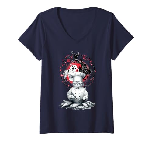 Damen Asien China Katze Fisch Koch Köche Köchin Fische T-Shirt mit V-Ausschnitt von Koch Kochen Küche Köchin