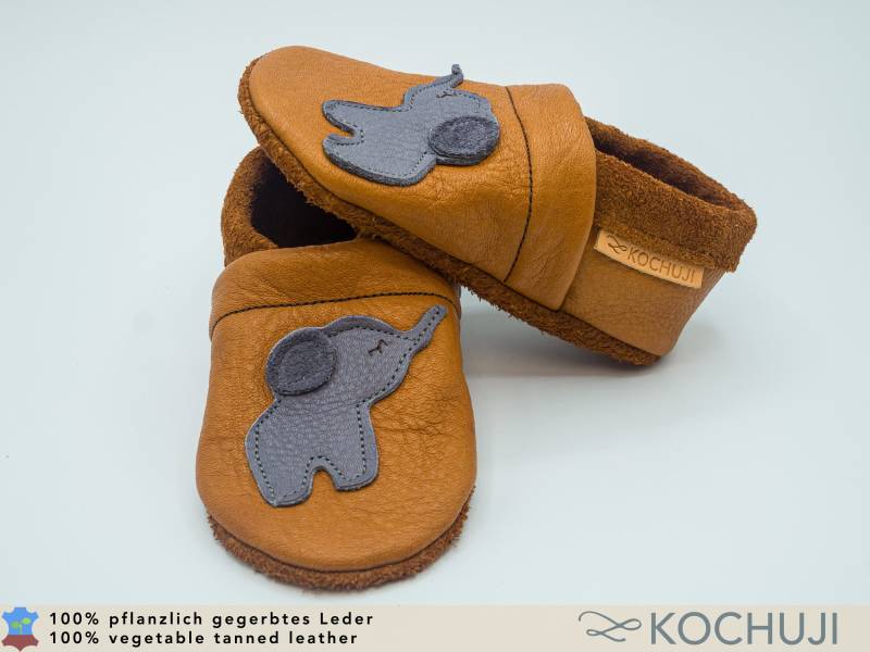Bioleder Krabbelschuhe Elefant/Lederpuschen Lauflernschuhe Naturleder Pflanzliche Gerbung Chromfrei Namenslabel von Kochuji