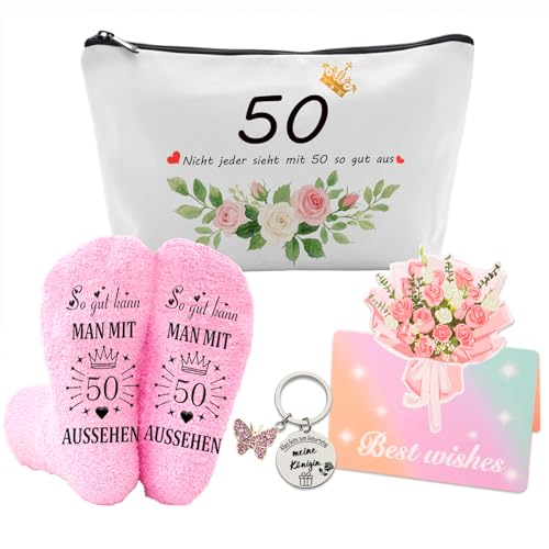 Geschenke für Frauen, 50. Geburtstag Geschenke für Frauen Mit Socken, Kosmetiktasche, Grußkarte und Schlüsselanhänger mit Gravur Happy Birthday, meine Königin, Geburtstagsgeschenk für Damen Geschenke für Frauen, 50. Geburtstag Geschenke für Frauen Mit Socken, Kosmetiktasche, Grußkarte und Schlüsselanhänger mit Gravur Happy Birthday, meine Königin, Geburtstagsgeschenk für Damen von Kococaty