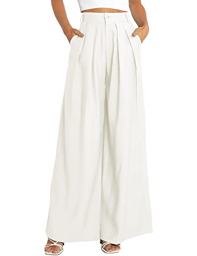 Kocowoo Damen High Waist Casual Wide Leg Palazzo Pants Dress Pants for Women Work Pants with Pockets for Women Office, Weiss/opulenter Garten, 40 von Kocowoo