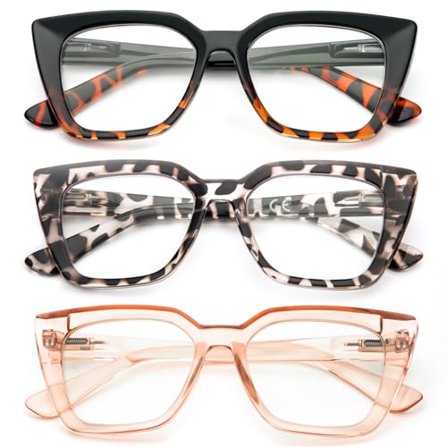 Kodilin 3 Pack Damen Lesebrille Oversized Square Anti Licht Blue Computer Leser Herren mit Federscharnier (+2.0, Schwarz Kern Champagner) von Kodilin